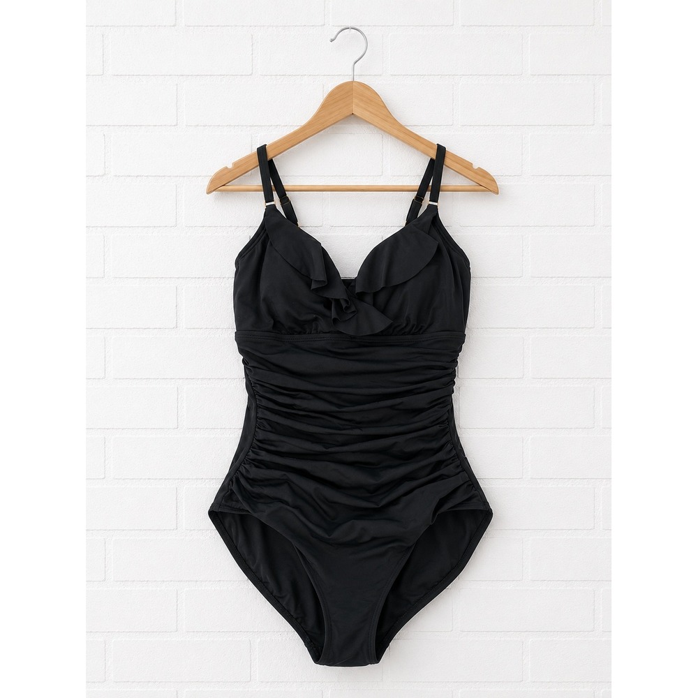 Lauren Ralph Lauren One Piece Swimsuit Women 2 Black Ruffle Ruched V-Neck